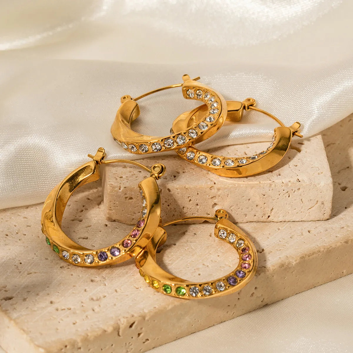 1 Pair Modern Style Round Plating Inlay Stainless Steel Artificial Diamond 18k Gold Plated Hoop Earrings