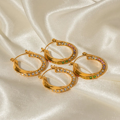 1 Pair Modern Style Round Plating Inlay Stainless Steel Artificial Diamond 18k Gold Plated Hoop Earrings