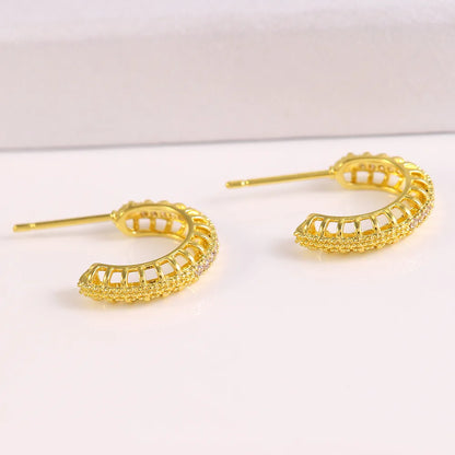 1 Pair Modern Style Shiny C Shape Lines Shell Plating Hollow Out Inlay Copper Zircon 18K Gold Plated Ear Studs