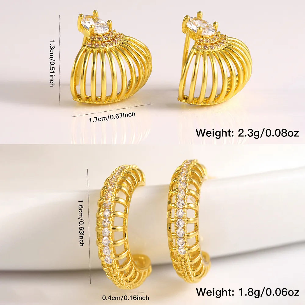 1 Pair Modern Style Shiny C Shape Lines Shell Plating Hollow Out Inlay Copper Zircon 18K Gold Plated Ear Studs