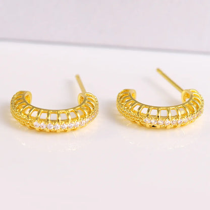 1 Pair Modern Style Shiny C Shape Lines Shell Plating Hollow Out Inlay Copper Zircon 18K Gold Plated Ear Studs