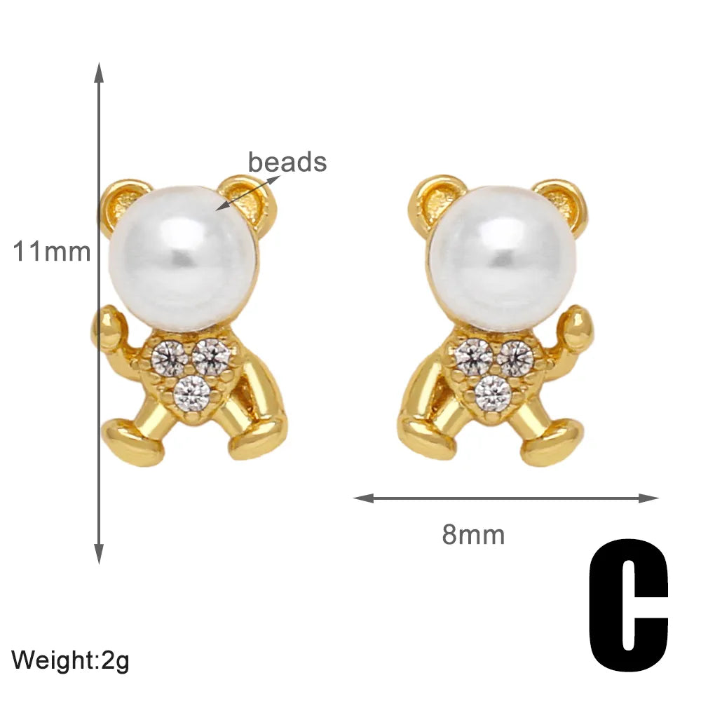 1 Pair Modern Style Simple Style Animal Bear Plating Inlay Copper Artificial Pearls Zircon 18k Gold Plated Ear Studs