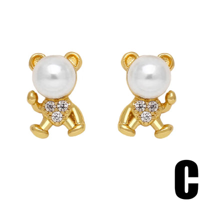 1 Pair Modern Style Simple Style Animal Bear Plating Inlay Copper Artificial Pearls Zircon 18k Gold Plated Ear Studs