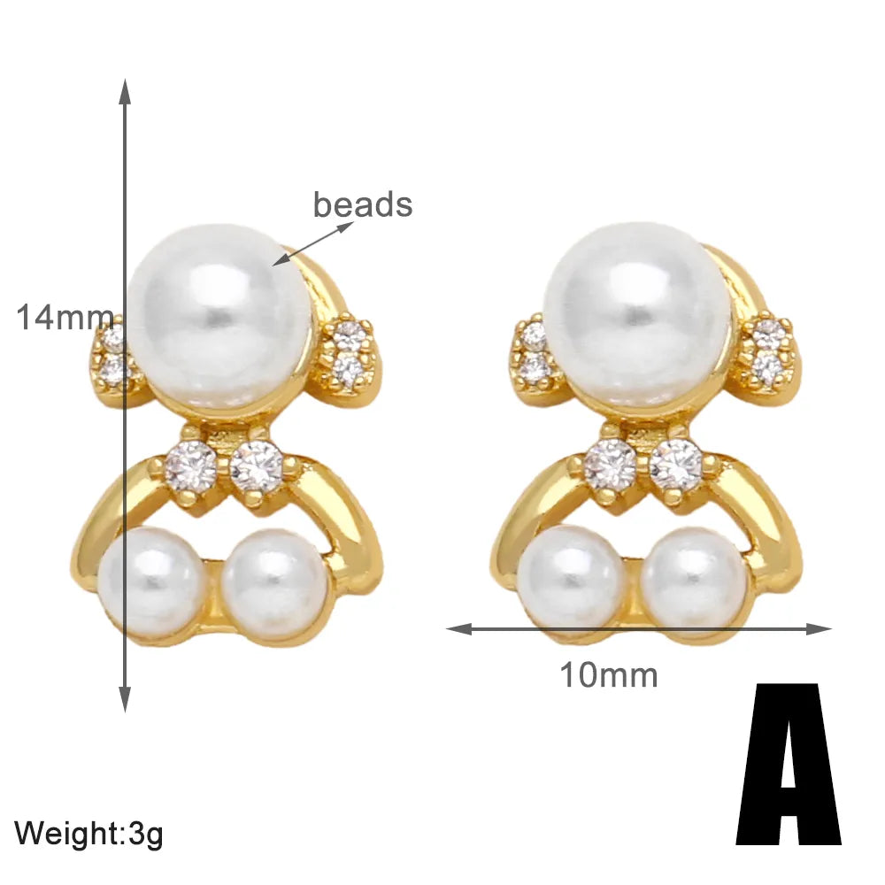 1 Pair Modern Style Simple Style Animal Bear Plating Inlay Copper Artificial Pearls Zircon 18k Gold Plated Ear Studs