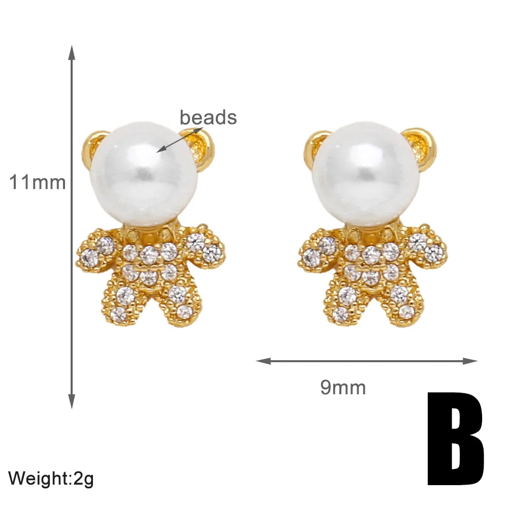 1 Pair Modern Style Simple Style Animal Bear Plating Inlay Copper Artificial Pearls Zircon 18k Gold Plated Ear Studs