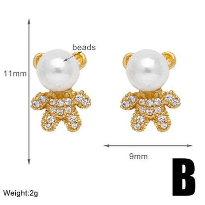 1 Pair Modern Style Simple Style Animal Bear Plating Inlay Copper Artificial Pearls Zircon 18k Gold Plated Ear Studs