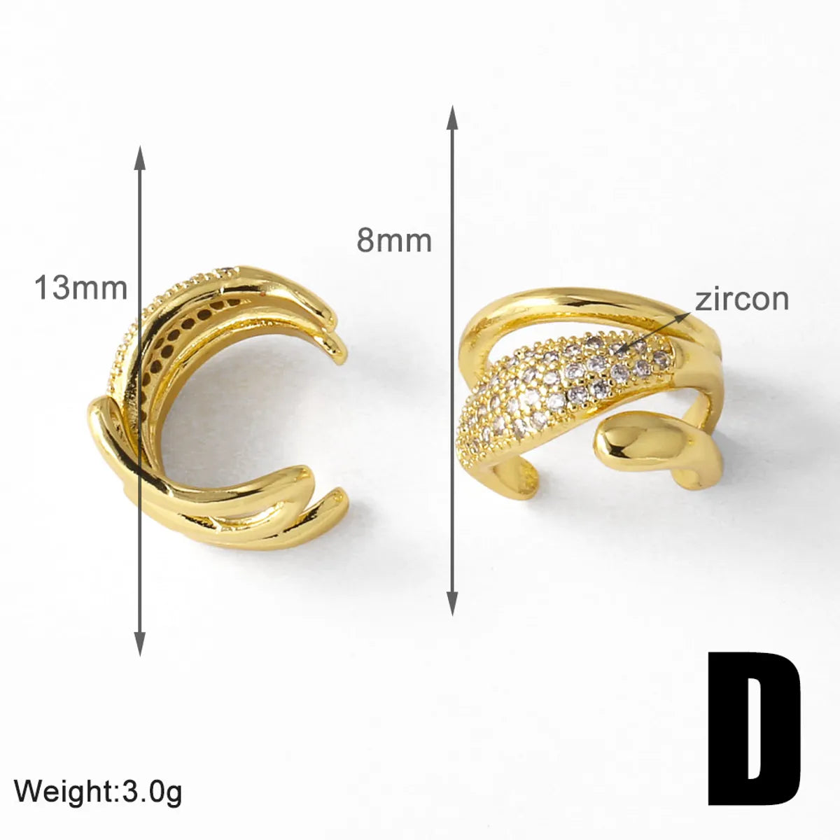 1 Pair Modern Style Simple Style C Shape Plating Inlay Copper Zircon 18K Gold Plated Ear Cuffs