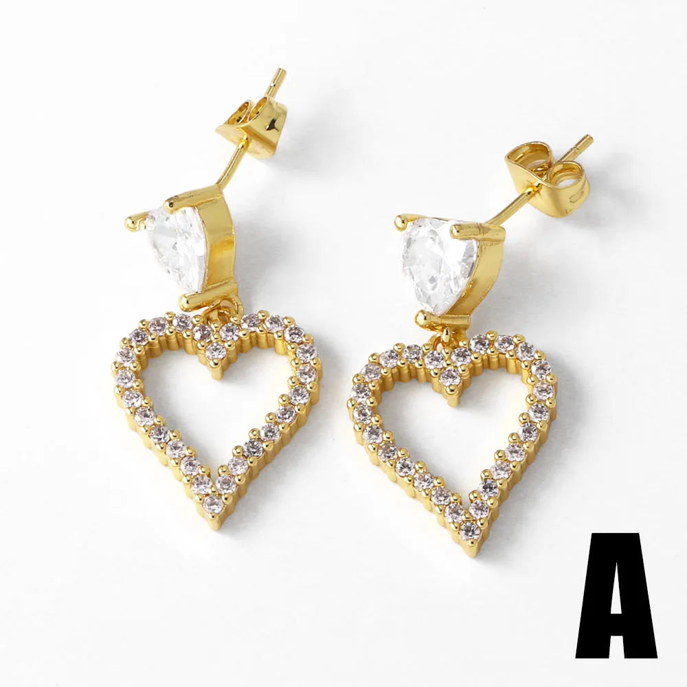 1 Pair Modern Style Simple Style Heart Shape Plating Inlay Copper Zircon 18K Gold Plated Drop Earrings