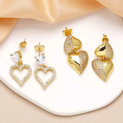 1 Pair Modern Style Simple Style Heart Shape Plating Inlay Copper Zircon 18K Gold Plated Drop Earrings