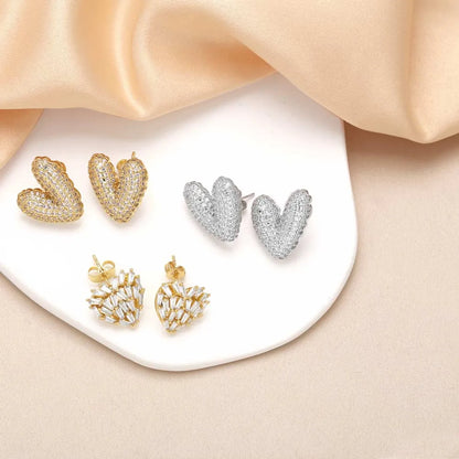 1 Pair Modern Style Simple Style Heart Shape Plating Inlay Copper Zircon 18K Gold Plated Ear Studs