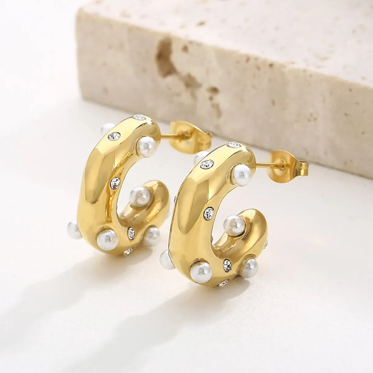 1 Pair Modern Style Streetwear C Shape Plating Inlay Stainless Steel Rhinestones Pearl Ear Studs