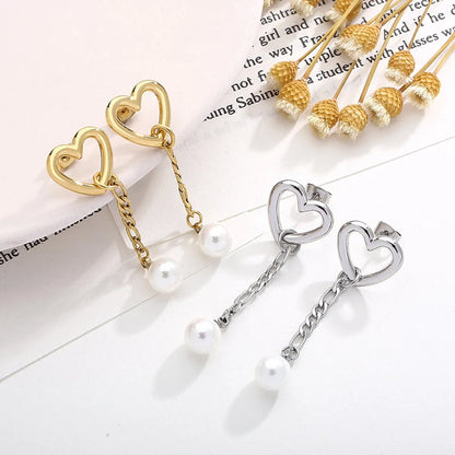 1 Pair Modern Style Streetwear Heart Shape Stainless Steel Pearl Plating Drop Earrings