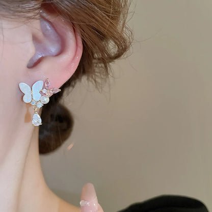 1 Pair Modern Style Sweet Classic Style Water Droplets Butterfly Inlay Copper Imitation Pearl Zircon Ear Studs