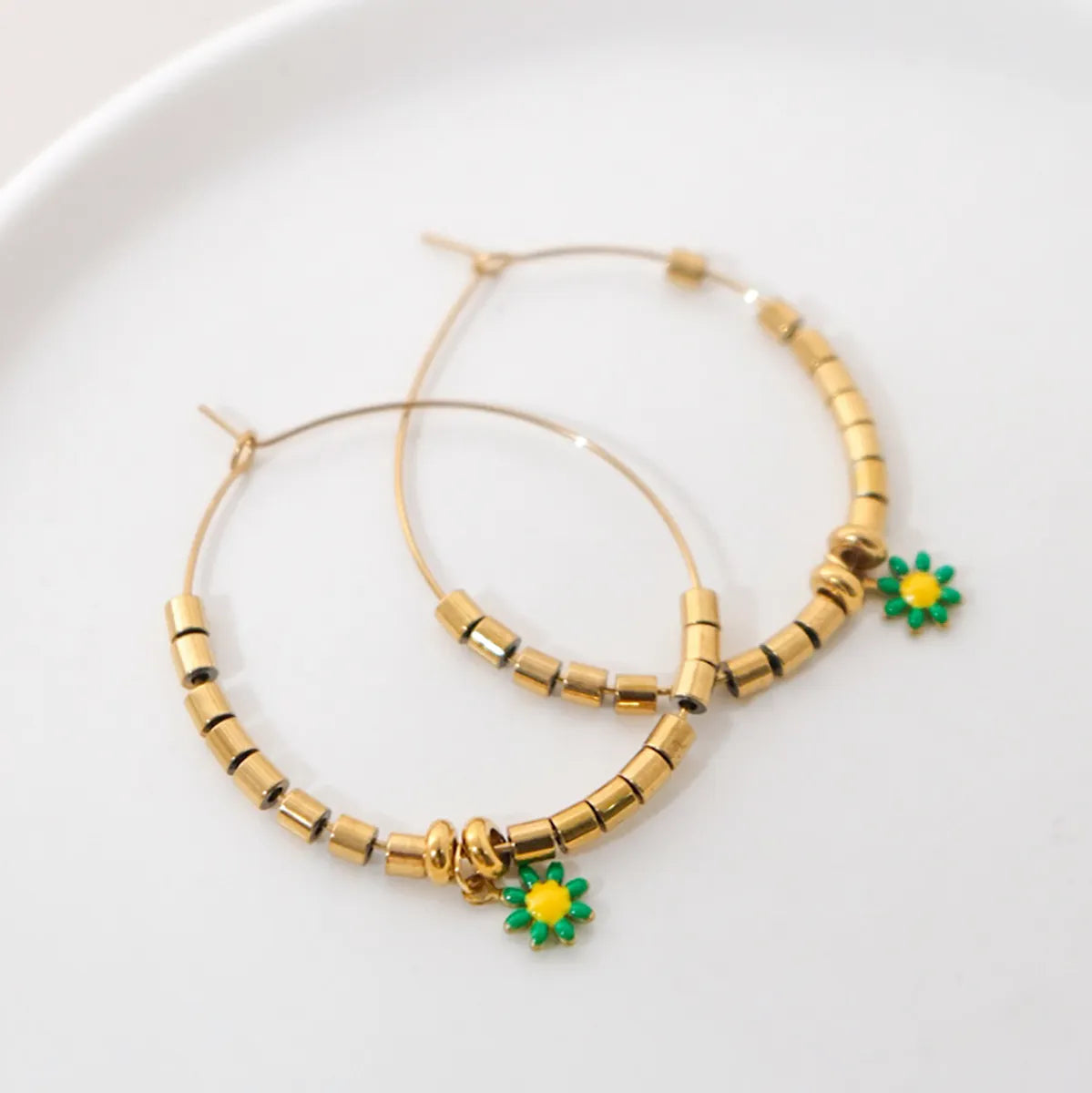 1 Pair Modern Style Sweet Leaves Plant 304 Stainless Steel Beaded 14K Gold Plated Hoop Earrings