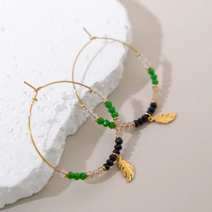 1 Pair Modern Style Sweet Leaves Plant 304 Stainless Steel Beaded 14K Gold Plated Hoop Earrings