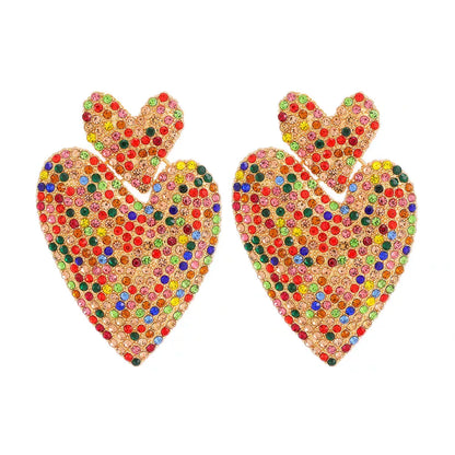 1 Pair Nordic Style Exaggerated Heart Shape Inlay Metal Rhinestones 18K Gold Plated Drop Earrings