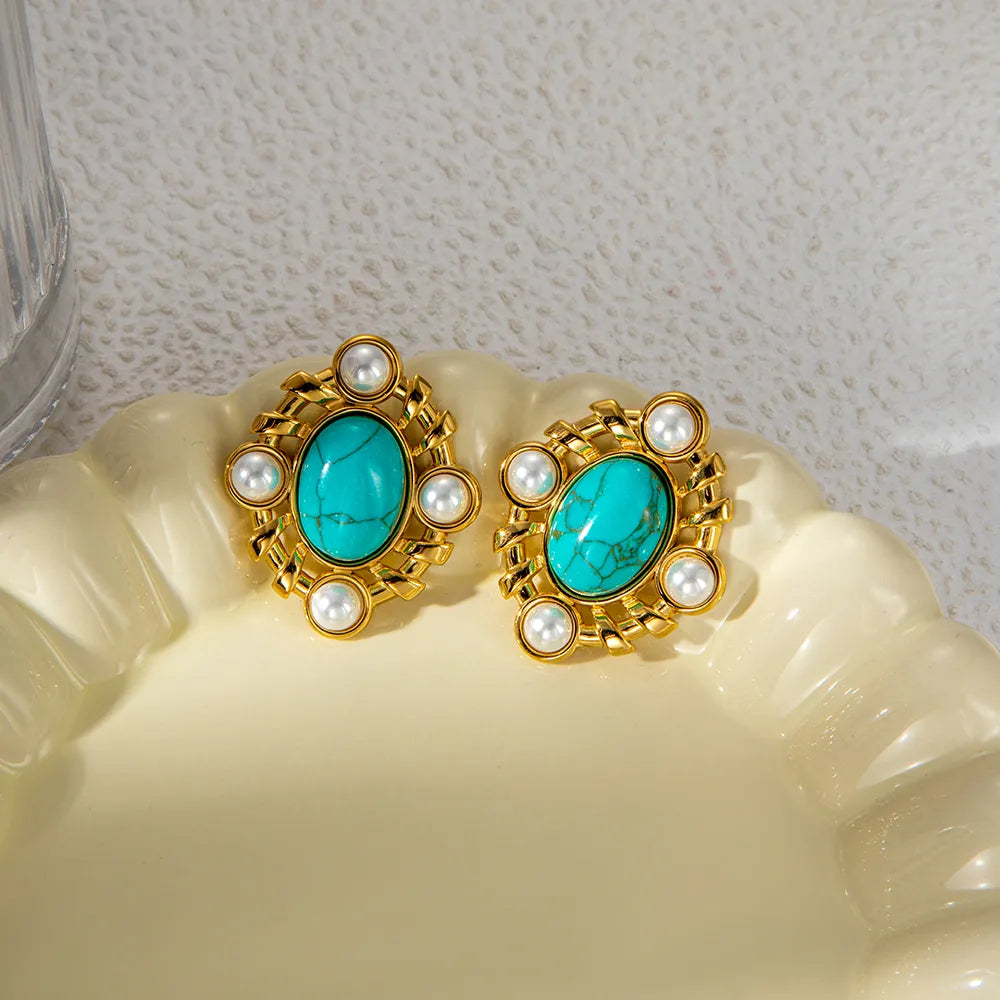 1 Pair Nordic Style French Style Classic Style Oval Plating Hollow Out Inlay 304 Stainless Steel Artificial Pearls Turquoise 14K Gold Plated Ear Studs