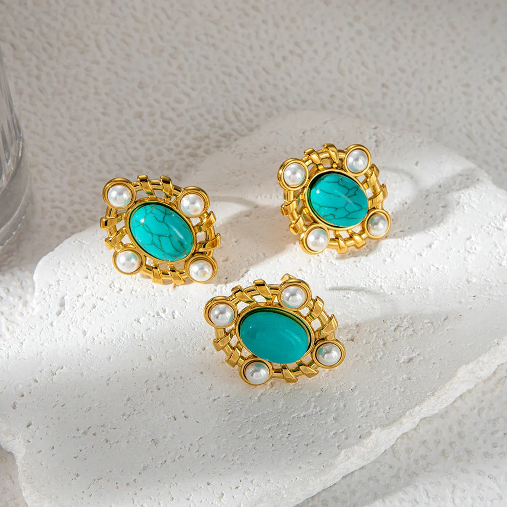 1 Pair Nordic Style French Style Classic Style Oval Plating Hollow Out Inlay 304 Stainless Steel Artificial Pearls Turquoise 14K Gold Plated Ear Studs