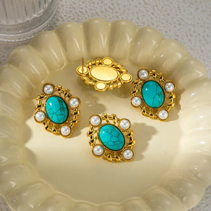 1 Pair Nordic Style French Style Classic Style Oval Plating Hollow Out Inlay 304 Stainless Steel Artificial Pearls Turquoise 14K Gold Plated Ear Studs