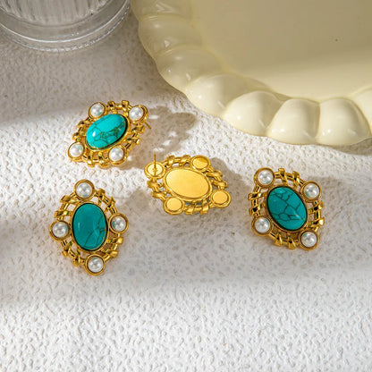 1 Pair Nordic Style French Style Classic Style Oval Plating Hollow Out Inlay 304 Stainless Steel Artificial Pearls Turquoise 14K Gold Plated Ear Studs