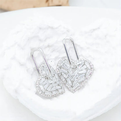 1 Pair Nordic Style Luxurious Commute Heart Shape Plating Hollow Out Inlay Stainless Steel Zircon White Gold Plated Drop Earrings