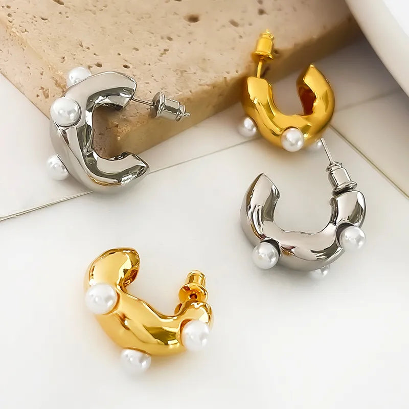 1 Pair Nordic Style Simple Style C Shape Inlay Copper Imitation Pearl 18K Gold Plated Ear Studs