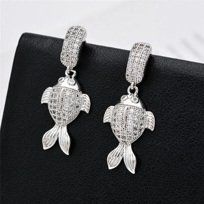 1 Pair Nordic Style Streetwear Fish Plating Inlay Copper Zircon 18K Gold Plated Drop Earrings