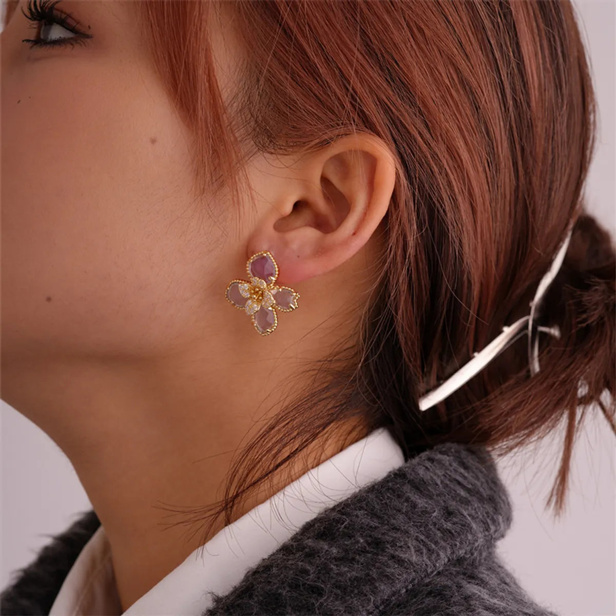 1 Pair Nordic Style Sweet Flower Plating Inlay Copper Zircon White Gold Plated Gold Plated Ear Studs