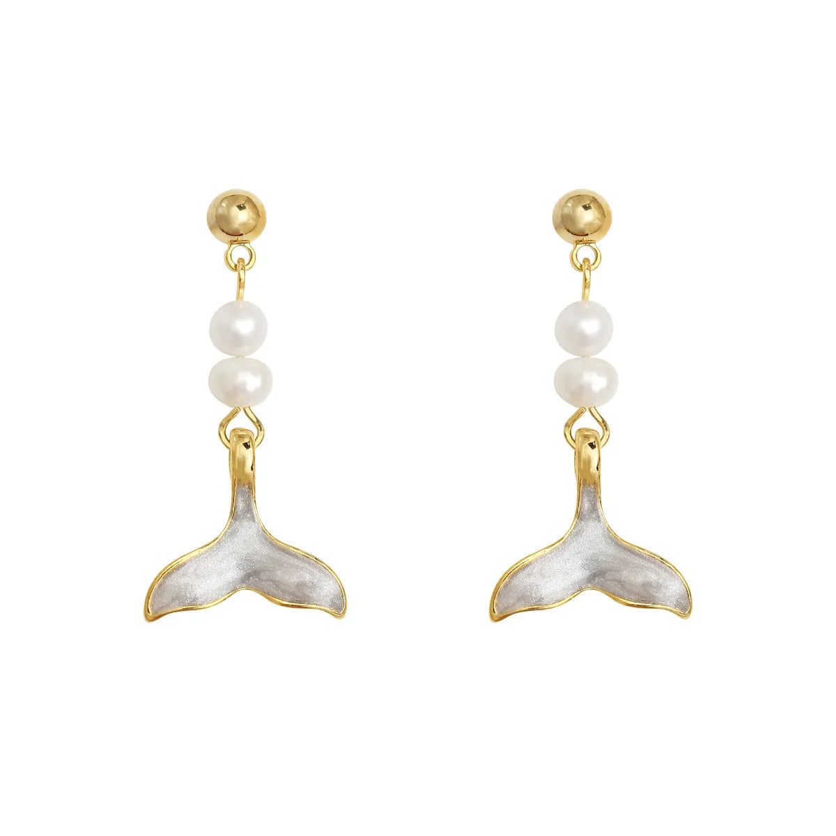 1 Pair Nordic Style Sweet Simple Style Fish Tail Enamel Pearl Copper 18K Gold Plated Drop Earrings Ear Cuffs