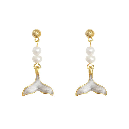 1 Pair Nordic Style Sweet Simple Style Fish Tail Enamel Pearl Copper 18K Gold Plated Drop Earrings Ear Cuffs