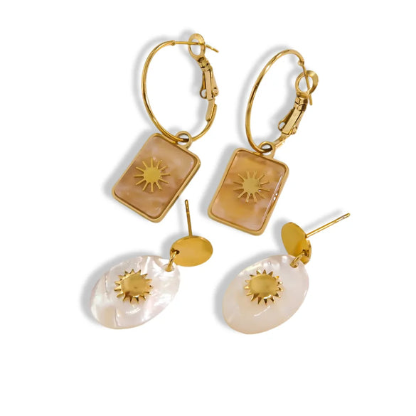 1 Pair Nordic Style Vintage Style French Style Sun Plating Inlay 304 Stainless Steel Natural Stone Shell 14K Gold Plated Drop Earrings