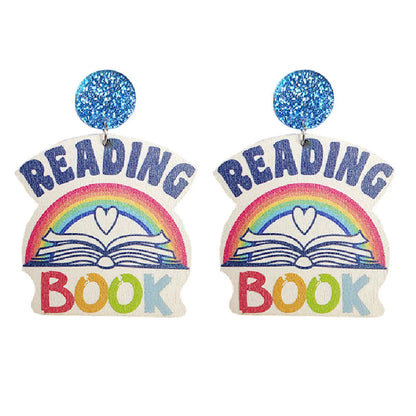 1 Pair Novelty Artistic Book Letter Rainbow Printing Stainless Steel Arylic Wood Drop Earrings