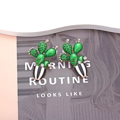 1 Pair Novelty Cactus Enamel Alloy Rhinestones Ear Studs