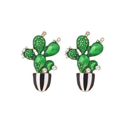 1 Pair Novelty Cactus Enamel Alloy Rhinestones Ear Studs