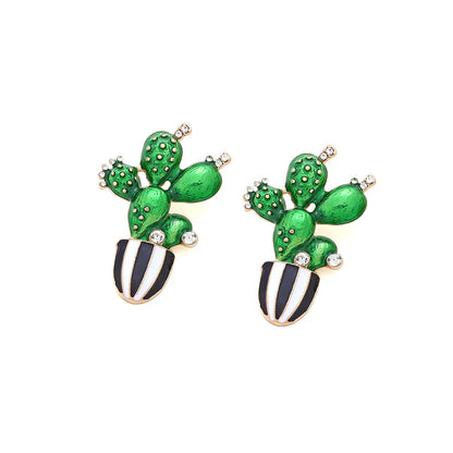 1 Pair Novelty Cactus Enamel Alloy Rhinestones Ear Studs