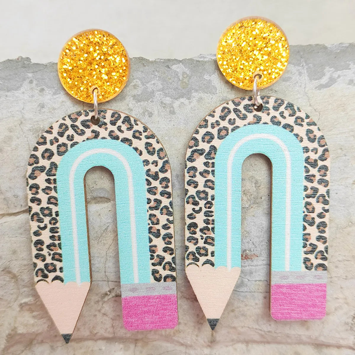 1 Pair Novelty Simple Style Rainbow Leopard Pencil Printing Arylic Wood Drop Earrings