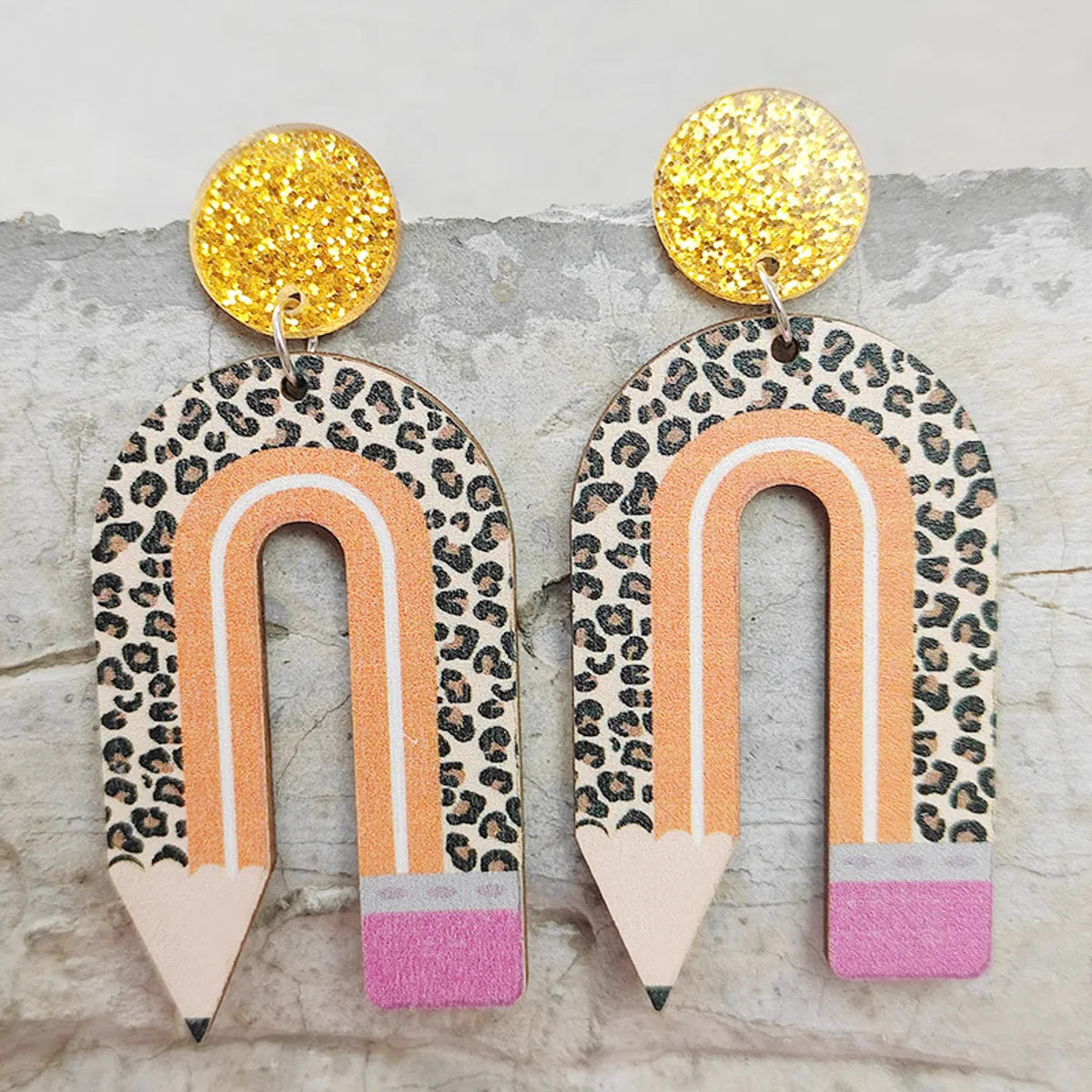 1 Pair Novelty Simple Style Rainbow Leopard Pencil Printing Arylic Wood Drop Earrings