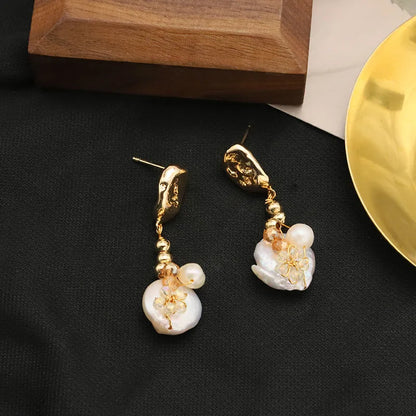 1 Pair Original Design Geometric Plating Freshwater Pearl Mixed Materials 18k Gold Plated Drop Earrings