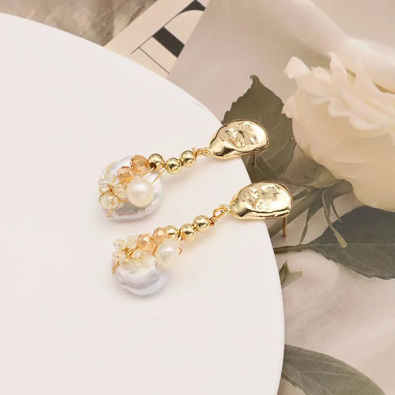 1 Pair Original Design Geometric Plating Freshwater Pearl Mixed Materials 18k Gold Plated Drop Earrings