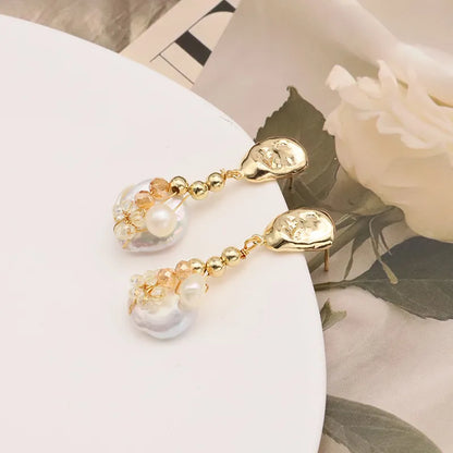 1 Pair Original Design Geometric Plating Freshwater Pearl Mixed Materials 18k Gold Plated Drop Earrings