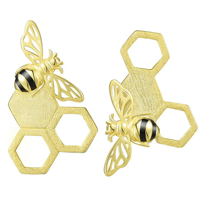 1 Pair Original Design Honeycomb Bee Plating Sterling Silver Ear Studs