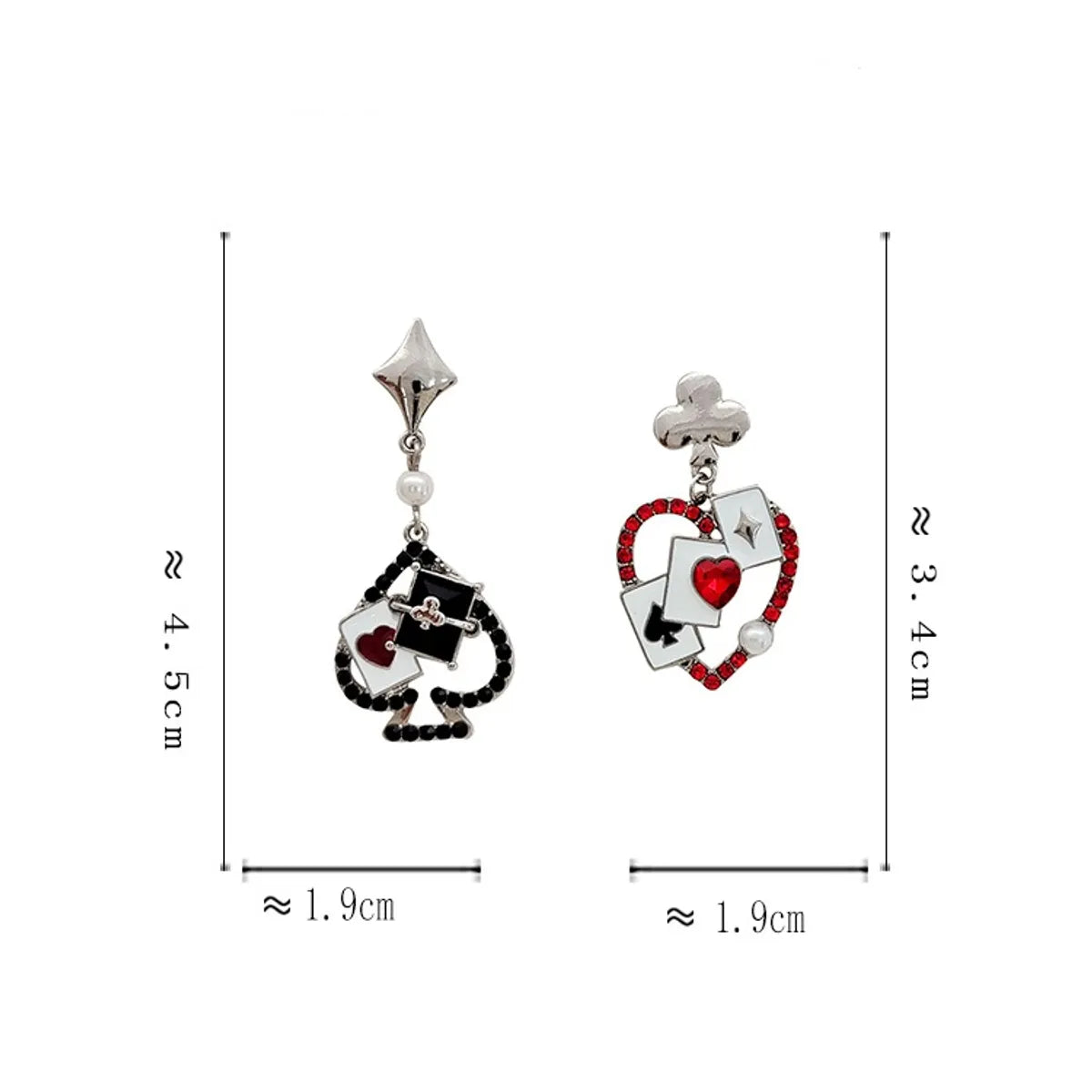 1 Pair Original Design Poker Heart Shape Asymmetrical Plating Inlay Alloy Artificial Pearls Gem Glass Drop Earrings