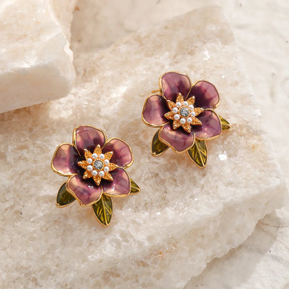 1 Pair Original Design Romantic Flower Enamel Inlay Copper Artificial Pearls Rhinestones Zircon 18K Gold Plated Ear Studs