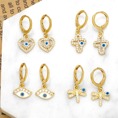 1 Pair Original Design Streetwear Cross Devil's Eye Heart Shape Enamel Plating Inlay Copper Zircon 18k Gold Plated Drop Earrings