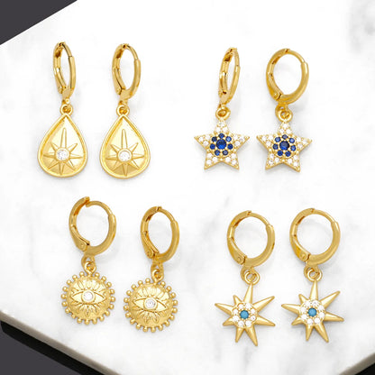 1 Pair Original Design Streetwear Sun Star Plating Inlay Copper Zircon 18k Gold Plated Drop Earrings