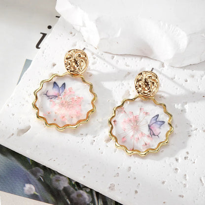 1 Pair Pastoral Classic Style Flower Butterfly Epoxy Alloy Dried Flower Resin Drop Earrings