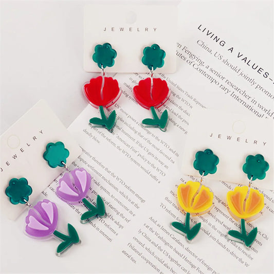 1 Pair Pastoral Flower Printing Arylic Drop Earrings