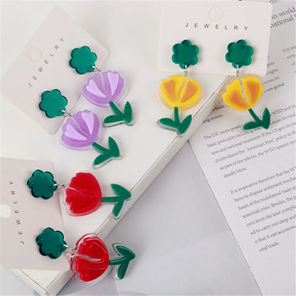 1 Pair Pastoral Flower Printing Arylic Drop Earrings