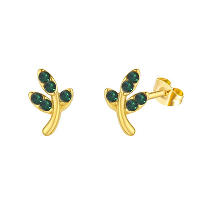 1 Pair Pastoral Leaf Inlay Titanium Steel Zircon Ear Studs