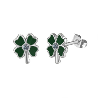 1 Pair Pastoral Leaf Inlay Titanium Steel Zircon Ear Studs